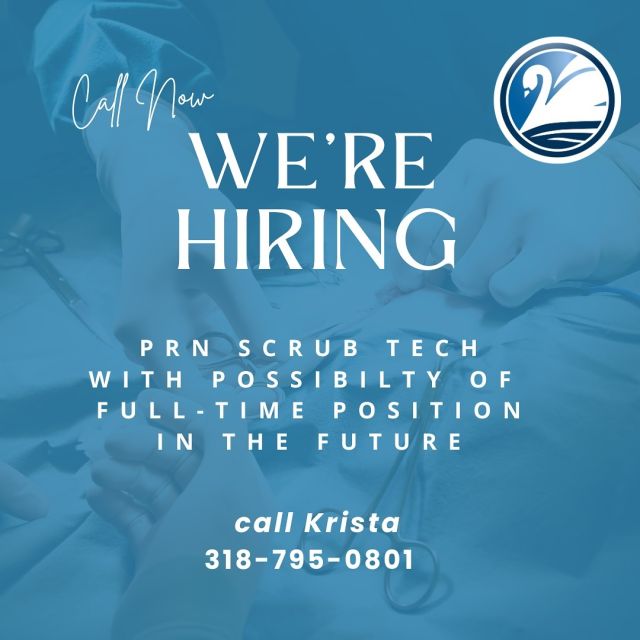 Calling all scrub techs! Join our amazing team. Position is 2 days a week but could grow in to a full-time opportunity. 

• Plastic surgery experience preferred but not required

• Scrub Tech Program completion but certification not required 
 
Exciting atmosphere and friendly staff! 
Call Krista 318-795-0801 for more details.