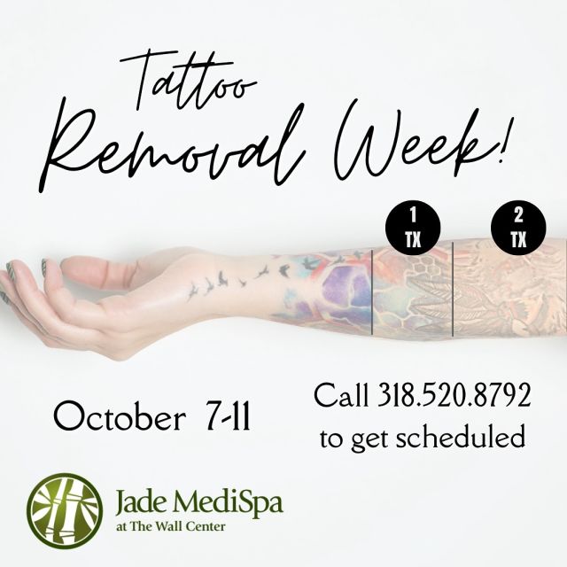 Tattoo Removal October 7-11th. Take advantage of our 20% off lasers this month and prepay for your future tattoo removal appointments too!